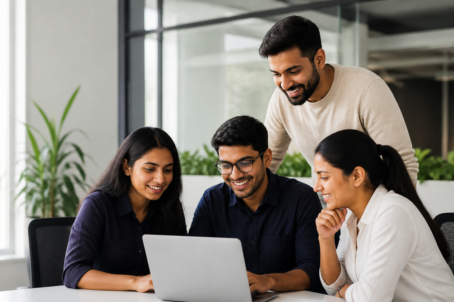Technology professionals collaborating in a modern office